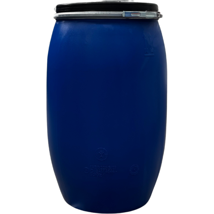 120 literes SCHÜTZ Új műanyag hordó, levehető tetejű, bajonettzáras, UN minősített, Élelmiszerre is!