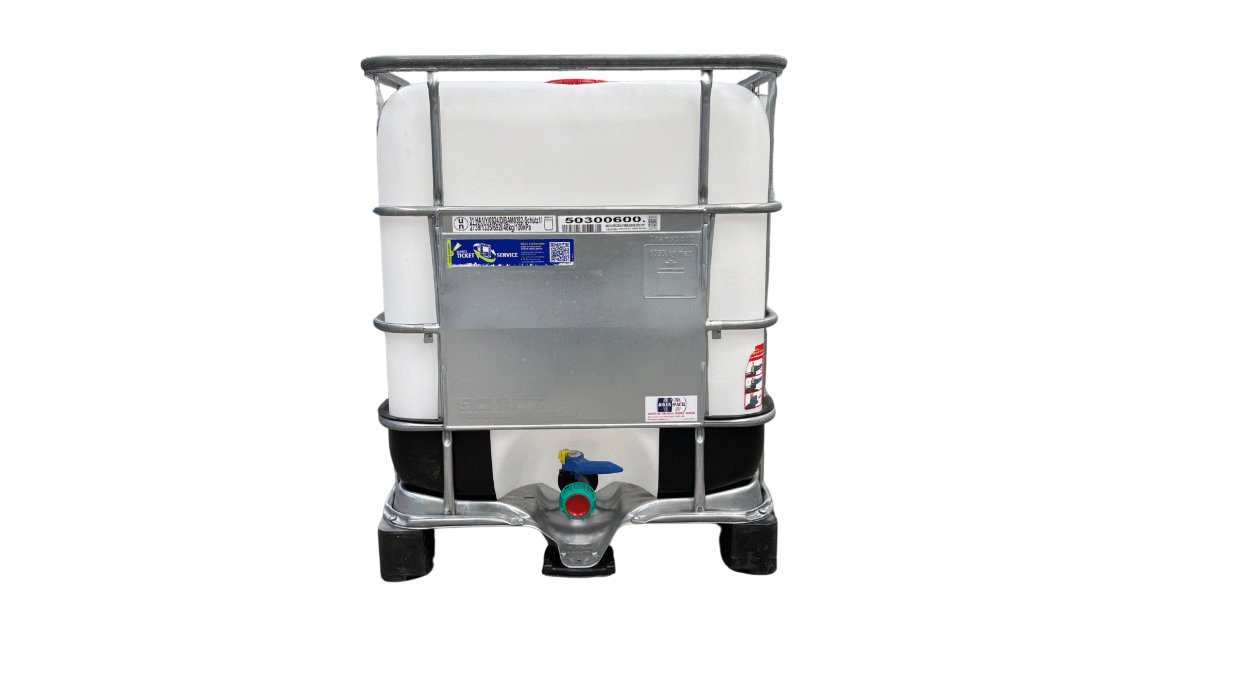 IBC TARTÁLY, SCHÜTZ 640 literes mosott műanyag raklapos IBC tartály ,erősített ,UN minősítéssel